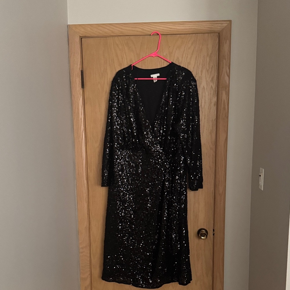 H&M Black Sequin Long Sleeve Wrap Dress